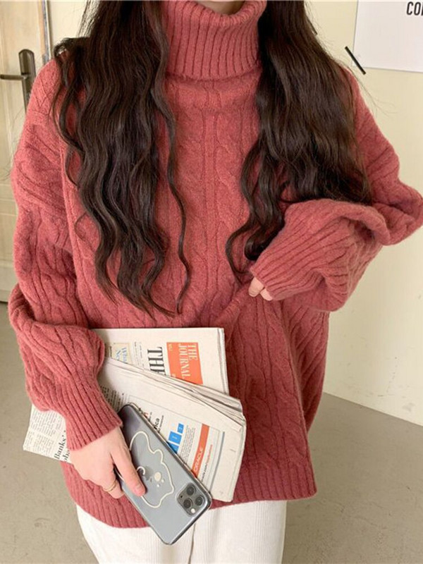 ZOKI biezs sieviešu džemperis ar bruņurupuču apkakli ziemas, savīti brīvs, silts sieviešu džemperis, vienkrāsains korejiešu studentu trikotāžas mēteļi