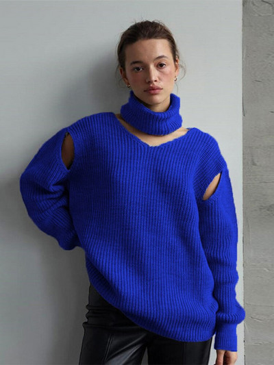 Šal s visokim ovratnikom Pleteni puloveri Elegantni džemperi s izdubljenim ramenima Ženske 2022. Jesen Zima Jednobojni ženski široki džemperi