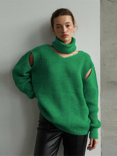 Šal s visokim ovratnikom Pleteni puloveri Elegantni džemperi s izdubljenim ramenima Ženske 2022. Jesen Zima Jednobojni ženski široki džemperi