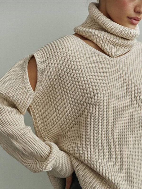 Šal s visokim ovratnikom Pleteni puloveri Elegantni džemperi s izdubljenim ramenima Ženske 2022. Jesen Zima Jednobojni ženski široki džemperi