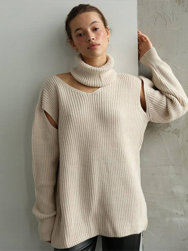 Šal s visokim ovratnikom Pleteni puloveri Elegantni džemperi s izdubljenim ramenima Ženske 2022. Jesen Zima Jednobojni ženski široki džemperi