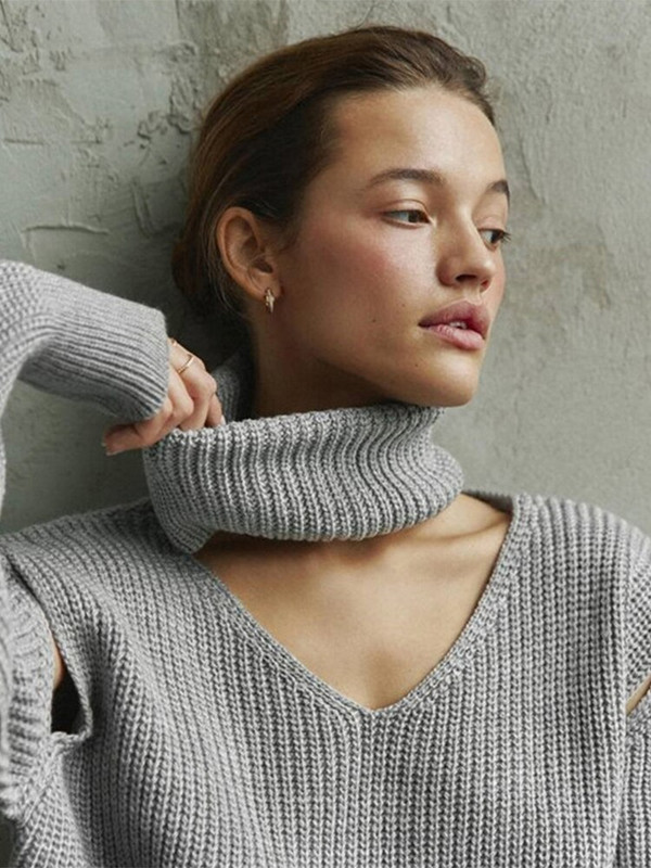 Šal s visokim ovratnikom Pleteni puloveri Elegantni džemperi s izdubljenim ramenima Ženske 2022. Jesen Zima Jednobojni ženski široki džemperi