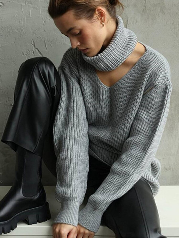 Šal s visokim ovratnikom Pleteni puloveri Elegantni džemperi s izdubljenim ramenima Ženske 2022. Jesen Zima Jednobojni ženski široki džemperi