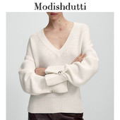 Modishdutti 2022. gada rudens ziemas sieviešu modes džemperis ar V veida kakla izgriezumu sieviešu vienkrāsains, vienkāršs, elegants, ikdienišķs džemperis