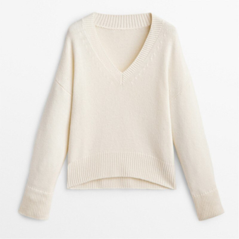Modishdutti 2022. gada rudens ziemas sieviešu modes džemperis ar V veida kakla izgriezumu sieviešu vienkrāsains, vienkāršs, elegants, ikdienišķs džemperis