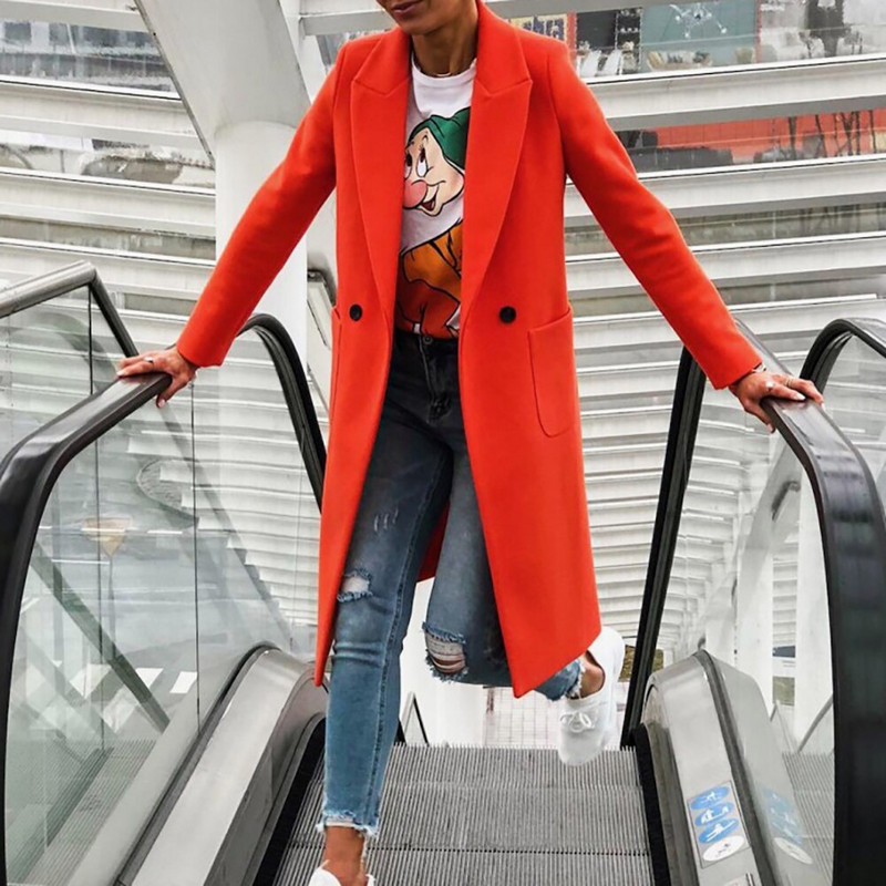 Ženski jesenski zimski ovratnik s džepovima i dugmadima Dugi kaput Topla jakna Kaput Ženski široki dugi kaput s džepovima