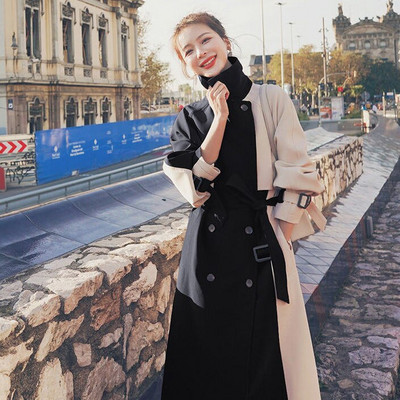 2021 m. korėjietiškos versijos rudeninis trumpas moteriškas paltas, ilgas madingas, surištas chaki rudos spalvos kontrastingos spalvos, vasariniai vėjo paltai