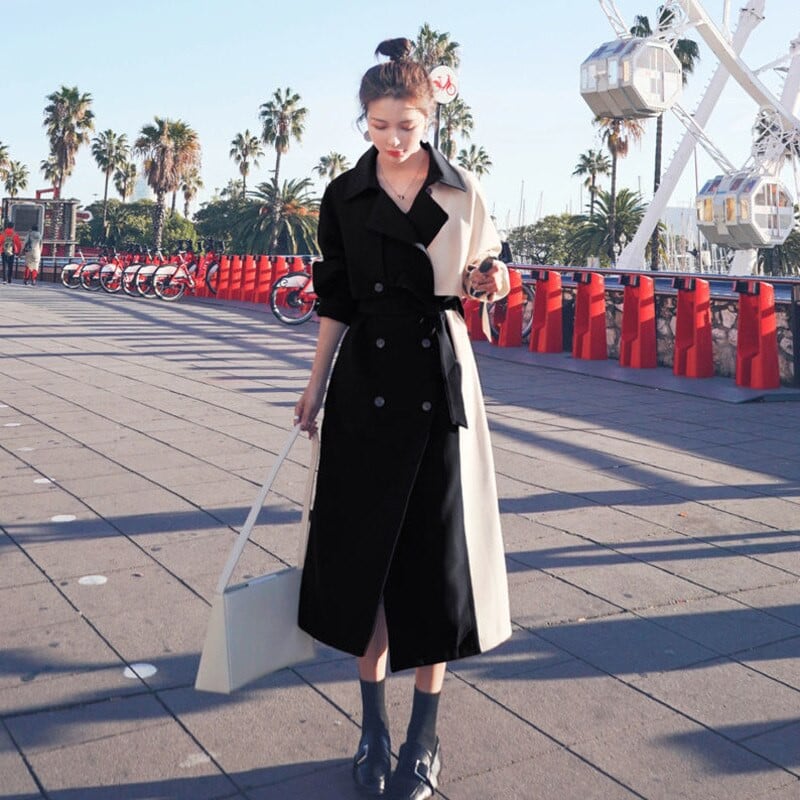 2021 m. korėjietiškos versijos rudeninis trumpas moteriškas paltas, ilgas madingas, surištas chaki rudos spalvos kontrastingos spalvos, vasariniai vėjo paltai