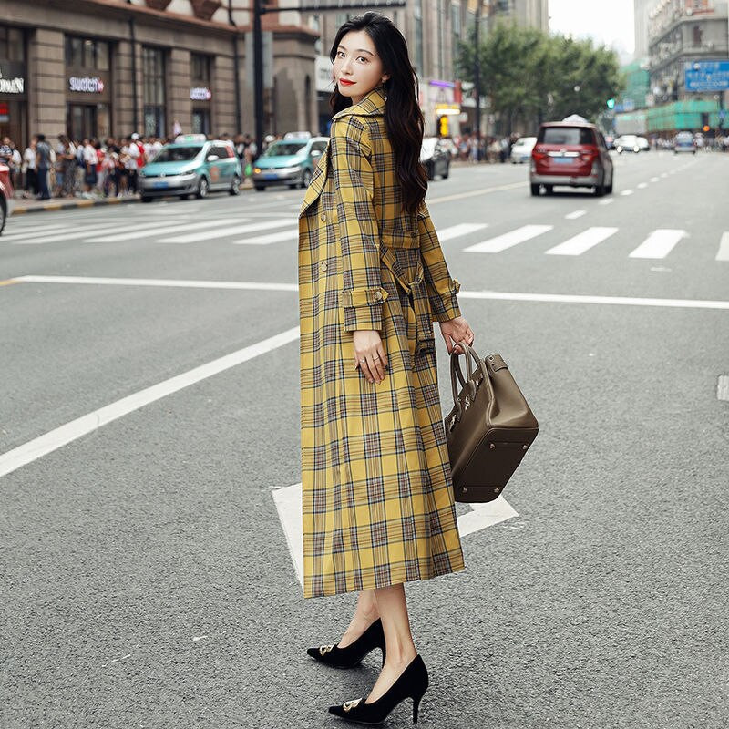 Proljeće i jesen, popularni novi žuti karirani dugi trenč kaput, ženska vjetrovka s OL pojasom