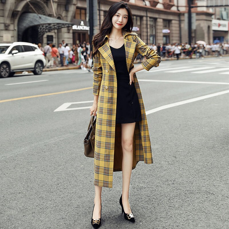 Proljeće i jesen, popularni novi žuti karirani dugi trenč kaput, ženska vjetrovka s OL pojasom