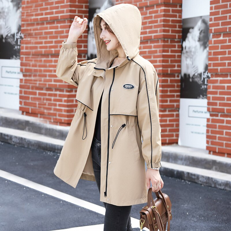 Trenč kaput proljeće jesen, žene, nova korejska vjetrovka srednje dužine s kapuljačom, ženska podstava, ležerni kaput, gornja odjeća, žene