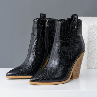 Σχέδιο μάρκας Γυναικεία μποτάκια Pu Δερμάτινα σφήνες Ψηλοτάκουνα Western Boots Μόδα με φερμουάρ φθινοπωρινά χειμερινά γυναικεία παπούτσια