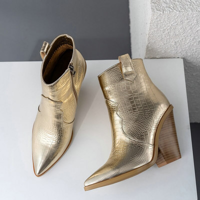 Σχέδιο μάρκας Γυναικεία μποτάκια Pu Δερμάτινα σφήνες Ψηλοτάκουνα Western Boots Μόδα με φερμουάρ φθινοπωρινά χειμερινά γυναικεία παπούτσια