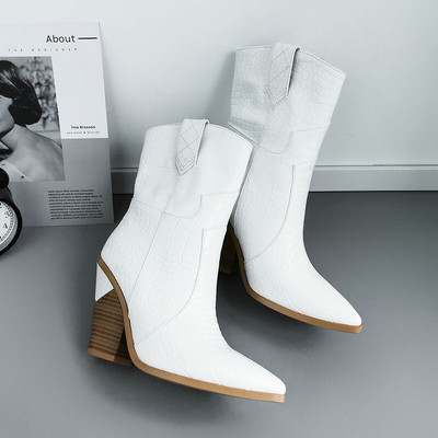 Σχέδιο μάρκας Γυναικεία μποτάκια Pu Δερμάτινα σφήνες Ψηλοτάκουνα Western Boots Μόδα με φερμουάρ φθινοπωρινά χειμερινά γυναικεία παπούτσια