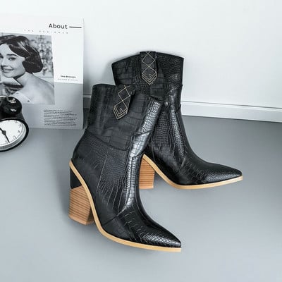 Σχέδιο μάρκας Γυναικεία μποτάκια Pu Δερμάτινα σφήνες Ψηλοτάκουνα Western Boots Μόδα με φερμουάρ φθινοπωρινά χειμερινά γυναικεία παπούτσια