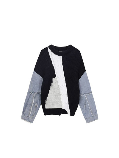 Sieviešu vintage kontrasta krāsa Džinsu raibs rudens džemperis, maiss ar garām piedurknēm, sadalīts pušķis, sieviešu trikotāžas džemperis Harajuku šiks