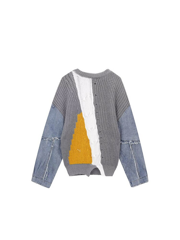 Sieviešu vintage kontrasta krāsa Džinsu raibs rudens džemperis, maiss ar garām piedurknēm, sadalīts pušķis, sieviešu trikotāžas džemperis Harajuku šiks