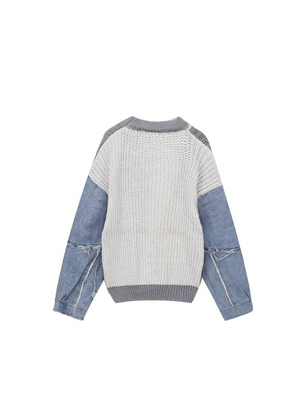 Sieviešu vintage kontrasta krāsa Džinsu raibs rudens džemperis, maiss ar garām piedurknēm, sadalīts pušķis, sieviešu trikotāžas džemperis Harajuku šiks