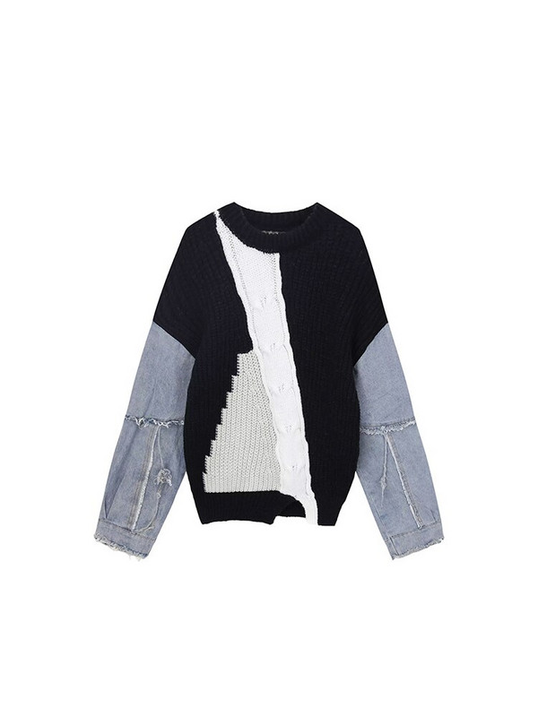 Sieviešu vintage kontrasta krāsa Džinsu raibs rudens džemperis, maiss ar garām piedurknēm, sadalīts pušķis, sieviešu trikotāžas džemperis Harajuku šiks