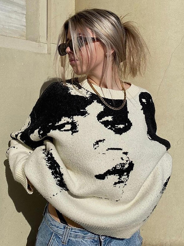 Sieviešu trikotāžas džemperis Sieviešu portreta džemperis Lielizmēra džemperis Sieviešu ielas apģērbs ar garām piedurknēm Harajuku džemperis, sieviešu džemperis