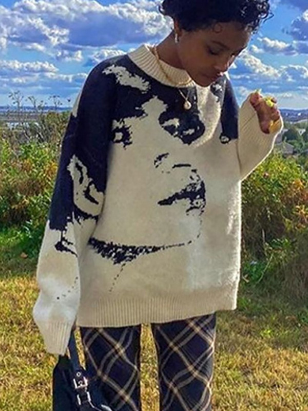 Sieviešu trikotāžas džemperis Sieviešu portreta džemperis Lielizmēra džemperis Sieviešu ielas apģērbs ar garām piedurknēm Harajuku džemperis, sieviešu džemperis