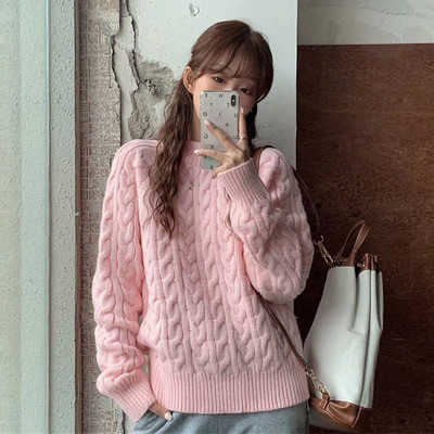 Retro vienkrāsains Twist svītrains džemperis sievietēm korejiešu versija, brīvs, apaļš kakla džemperis, trikotāžas jaka rudens un ziemas sezonai