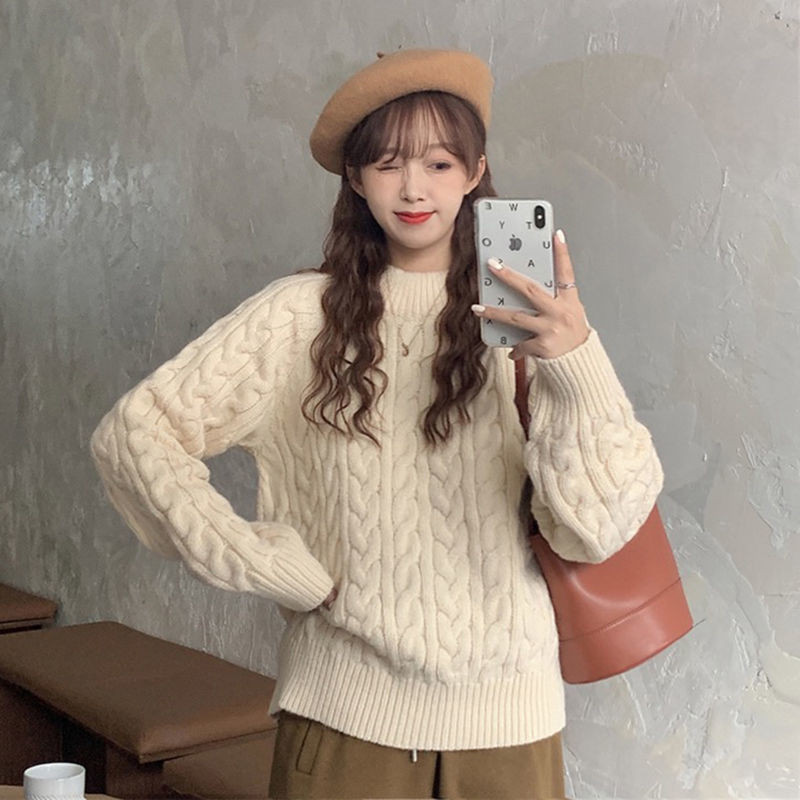 Retro vienkrāsains Twist svītrains džemperis sievietēm korejiešu versija, brīvs, apaļš kakla džemperis, trikotāžas jaka rudens un ziemas sezonai