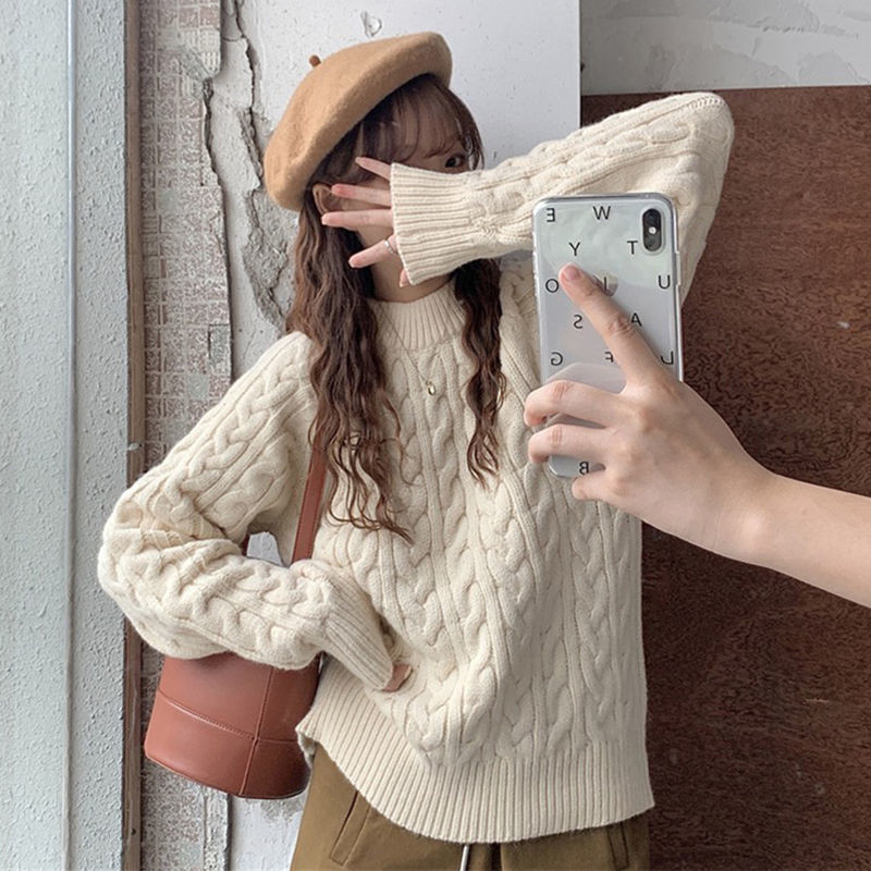 Retro vienkrāsains Twist svītrains džemperis sievietēm korejiešu versija, brīvs, apaļš kakla džemperis, trikotāžas jaka rudens un ziemas sezonai