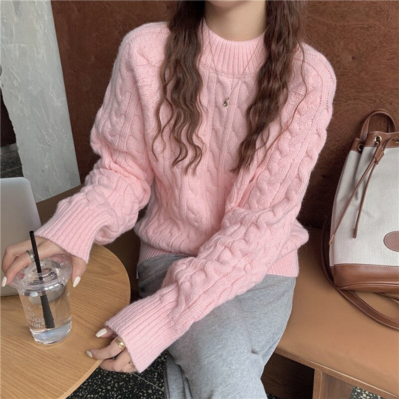 Retro vienkrāsains Twist svītrains džemperis sievietēm korejiešu versija, brīvs, apaļš kakla džemperis, trikotāžas jaka rudens un ziemas sezonai