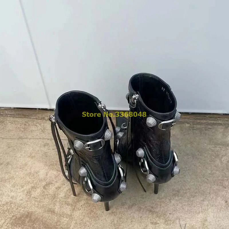 Zakovice sa šiljatim vrhom Čizme na visoku petu Cipele Crna kožna resa Tanka peta Motociklističke ženske modne čizme Čizme s patentnim zatvaračem