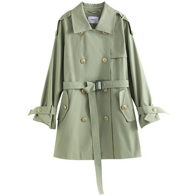 ZIQIAO japāņu nolaižama apkakle Vidēja garuma tranšeja jostasvietas taisna mēteļi biroja dāma pelēka zaļa ar dubultrindu