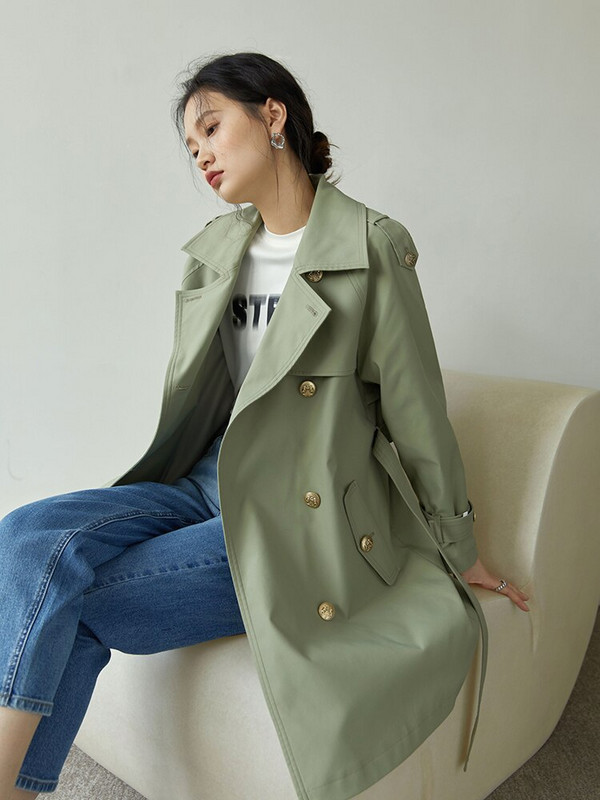 ZIQIAO japāņu nolaižama apkakle Vidēja garuma tranšeja jostasvietas taisna mēteļi biroja dāma pelēka zaļa ar dubultrindu