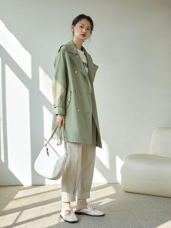 ZIQIAO japāņu nolaižama apkakle Vidēja garuma tranšeja jostasvietas taisna mēteļi biroja dāma pelēka zaļa ar dubultrindu