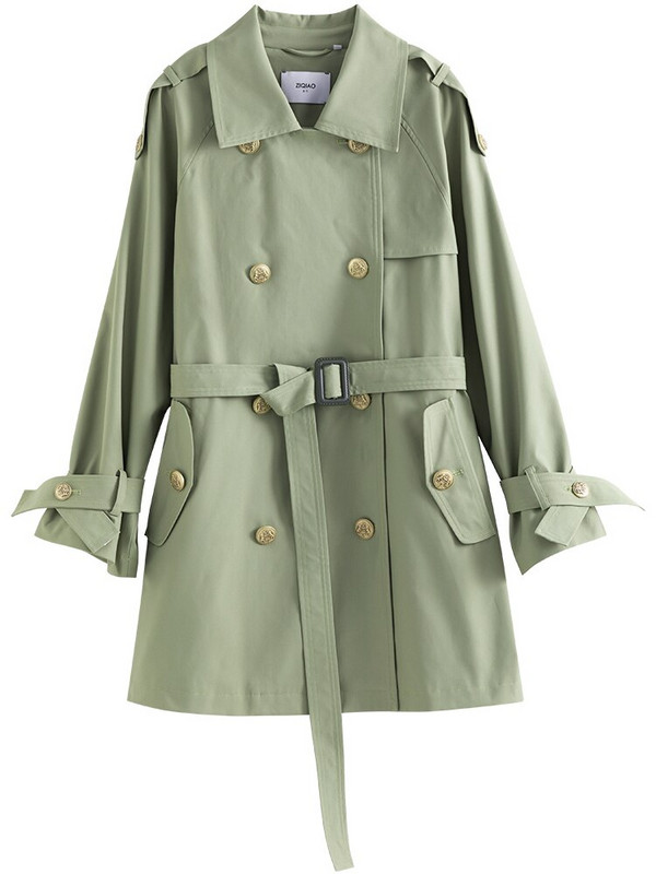 ZIQIAO japāņu nolaižama apkakle Vidēja garuma tranšeja jostasvietas taisna mēteļi biroja dāma pelēka zaļa ar dubultrindu