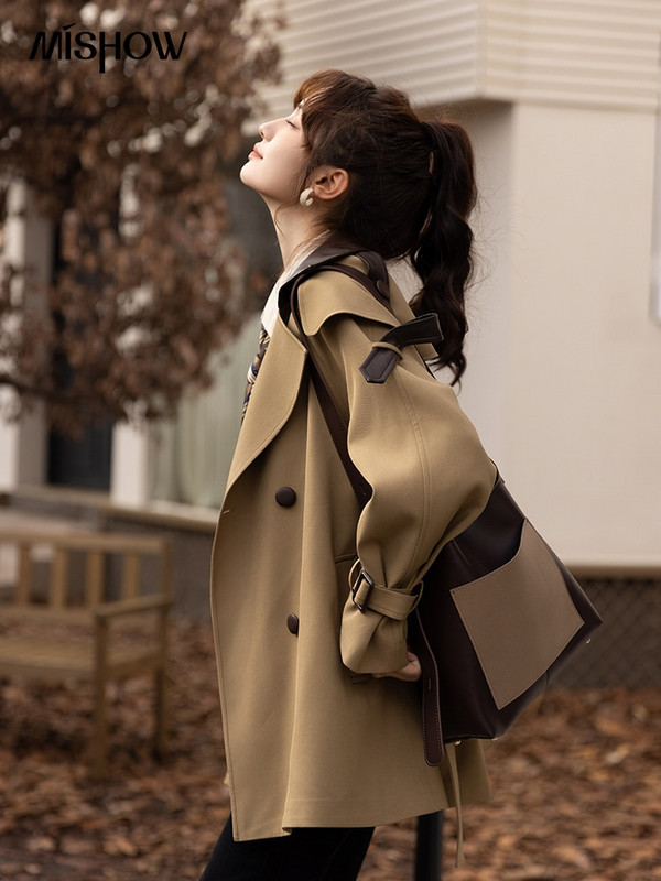 MISHOW Trenč kaputi za žene Jesenski korejski uredski ženski polo ovratnik Patchwork duga jakna srednje dužine Ženska gornja odjeća MXB33W0399
