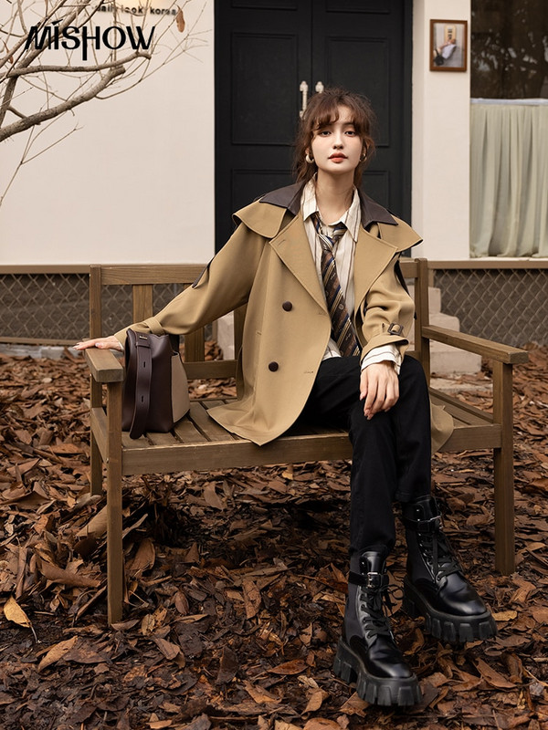 MISHOW Trenč kaputi za žene Jesenski korejski uredski ženski polo ovratnik Patchwork duga jakna srednje dužine Ženska gornja odjeća MXB33W0399