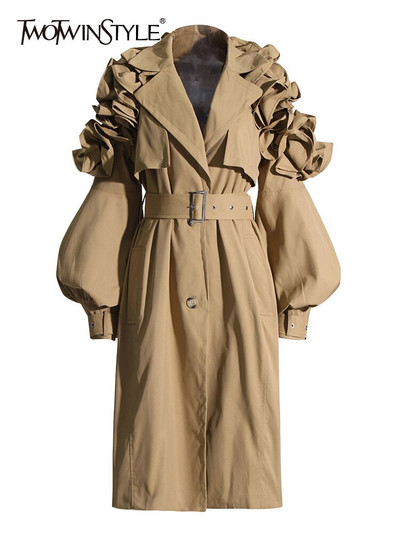 TWOTWINSTYLE Trench cu volante pentru femei, cu rever cu mânecă lungă, talie înaltă, solidă, elegante, haine pentru femei la modă