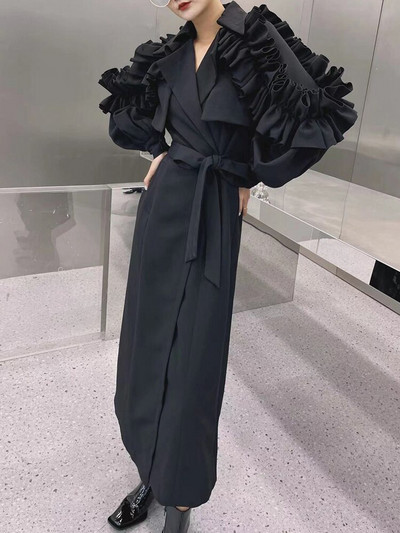 TWOTWINSTYLE Frill Trim Sahses Γυναικείο πέτο με μακρυμάνικο ψηλόμεσο μασίφ Κομψές καμπαρντίνες Γυναικεία ρούχα Μόδα