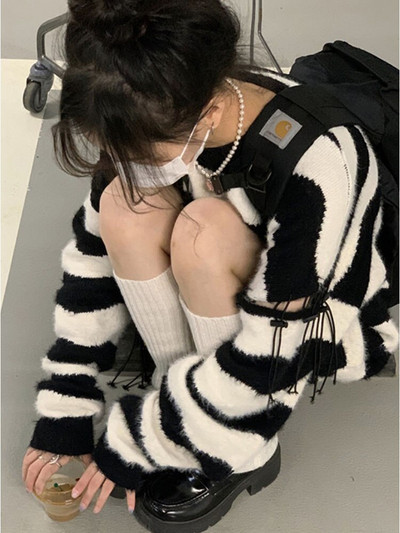 Μαύρο Λευκό Χρώμα Ριγέ Γυναικεία Πλεκτά Φθινοπωρινά Πλεκτά Χειμερινά Πλεκτά Πουλόβερ Λούτρινη γραβάτα 2022 Φαρδύ πουλόβερ με λαιμόκοψη BF στυλ