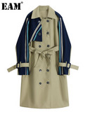 [EAM] Sieviešu svītrains krāsains bloks liela izmēra tranšeja jauns atloks ar garām piedurknēm brīvi pieguļoša vējjaka, modes pavasara rudens 2022 1DF1443