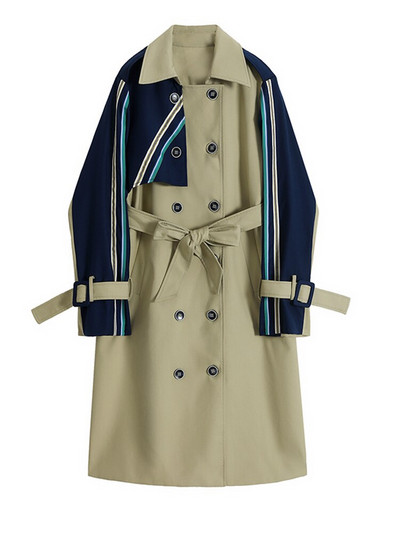 [EAM] Sieviešu svītrains krāsains bloks liela izmēra tranšeja jauns atloks ar garām piedurknēm brīvi pieguļoša vējjaka, modes pavasara rudens 2022 1DF1443