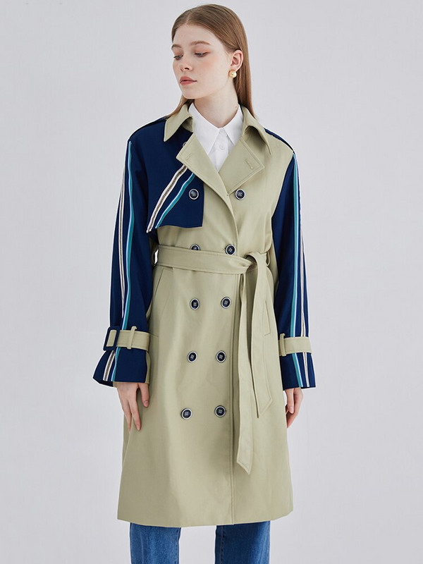 [EAM] Sieviešu svītrains krāsains bloks liela izmēra tranšeja jauns atloks ar garām piedurknēm brīvi pieguļoša vējjaka, modes pavasara rudens 2022 1DF1443