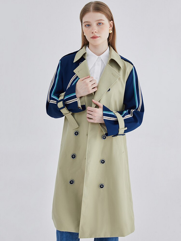 [EAM] Sieviešu svītrains krāsains bloks liela izmēra tranšeja jauns atloks ar garām piedurknēm brīvi pieguļoša vējjaka, modes pavasara rudens 2022 1DF1443