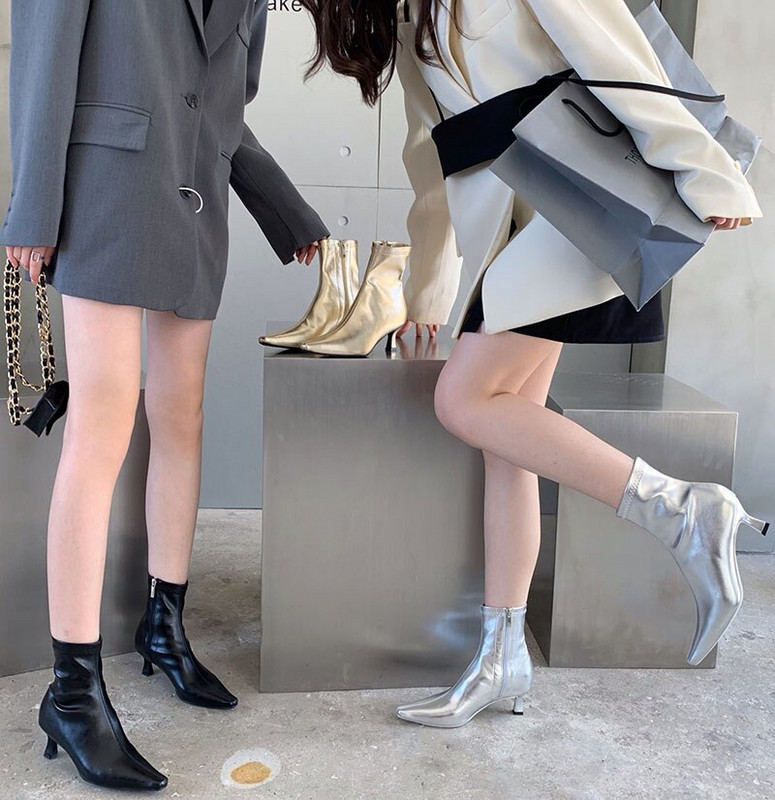 Modne ženske čizme na čarape sa šiljatim prstima Zlatno Srebrne Crne Bočne čizme s patentnim zatvaračem Tanke srednje potpetice Jesenske čizme za zabave Žene 35-39