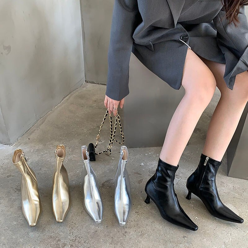 Modne ženske čizme na čarape sa šiljatim prstima Zlatno Srebrne Crne Bočne čizme s patentnim zatvaračem Tanke srednje potpetice Jesenske čizme za zabave Žene 35-39