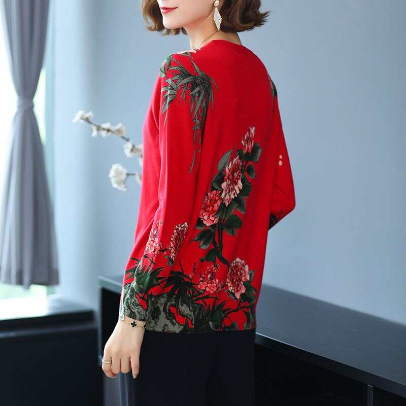 YISU Νέο Casual Άνοιξη Φθινοπωρινό Γυναικείο Πουλόβερ Ο-λαιμόκοψη Τριαντάφυλλο λουλούδι Εκτύπωση Μακρυμάνικα Μπλουζάκια Γυναικεία πουλόβερ Χαλαρά Πλεκτό