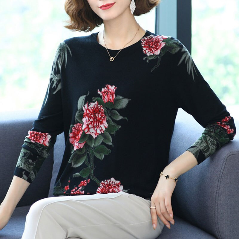 YISU Νέο Casual Άνοιξη Φθινοπωρινό Γυναικείο Πουλόβερ Ο-λαιμόκοψη Τριαντάφυλλο λουλούδι Εκτύπωση Μακρυμάνικα Μπλουζάκια Γυναικεία πουλόβερ Χαλαρά Πλεκτό