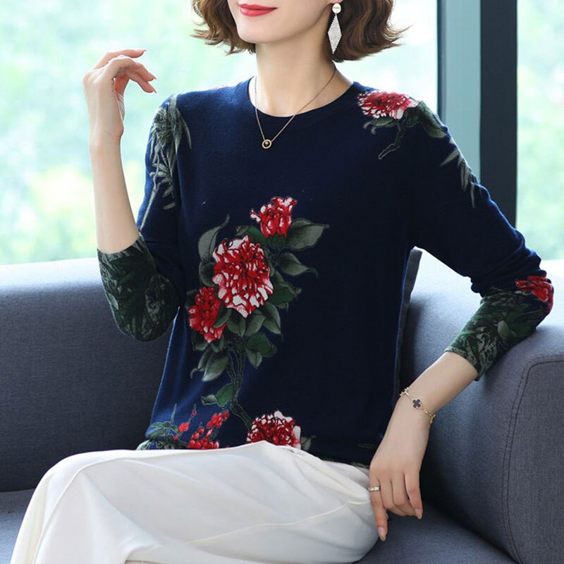 YISU Νέο Casual Άνοιξη Φθινοπωρινό Γυναικείο Πουλόβερ Ο-λαιμόκοψη Τριαντάφυλλο λουλούδι Εκτύπωση Μακρυμάνικα Μπλουζάκια Γυναικεία πουλόβερ Χαλαρά Πλεκτό