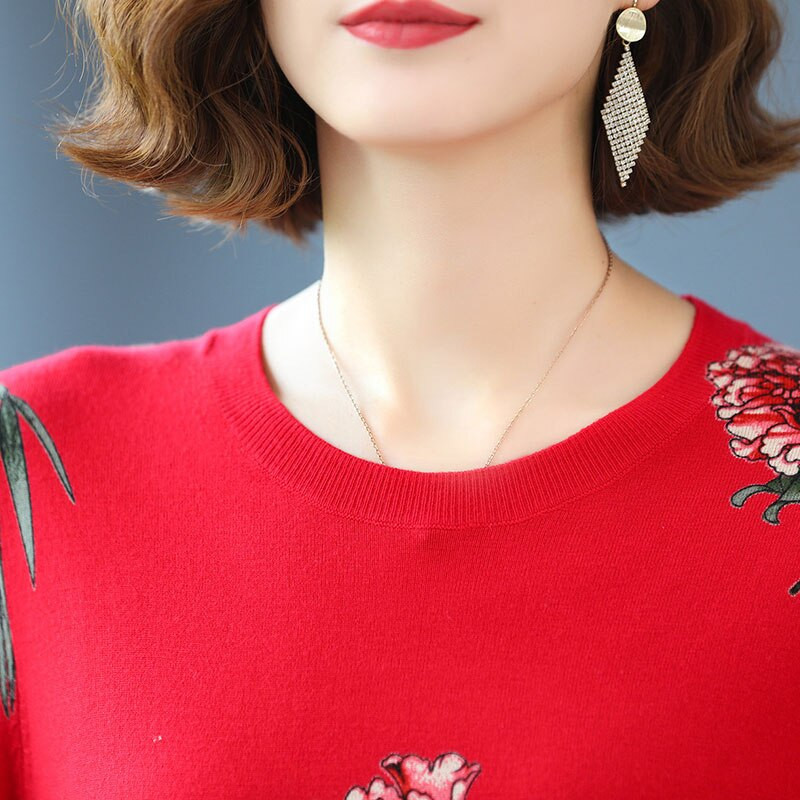 YISU Νέο Casual Άνοιξη Φθινοπωρινό Γυναικείο Πουλόβερ Ο-λαιμόκοψη Τριαντάφυλλο λουλούδι Εκτύπωση Μακρυμάνικα Μπλουζάκια Γυναικεία πουλόβερ Χαλαρά Πλεκτό