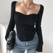 Γυναικείο γαλλικό μαύρο ακανόνιστο πουλόβερ πλεξίματος τετράγωνο λαιμό μακρυμάνικο casual κορεατική μόδα γυναικεία μπλουζάκια φθινόπωρο